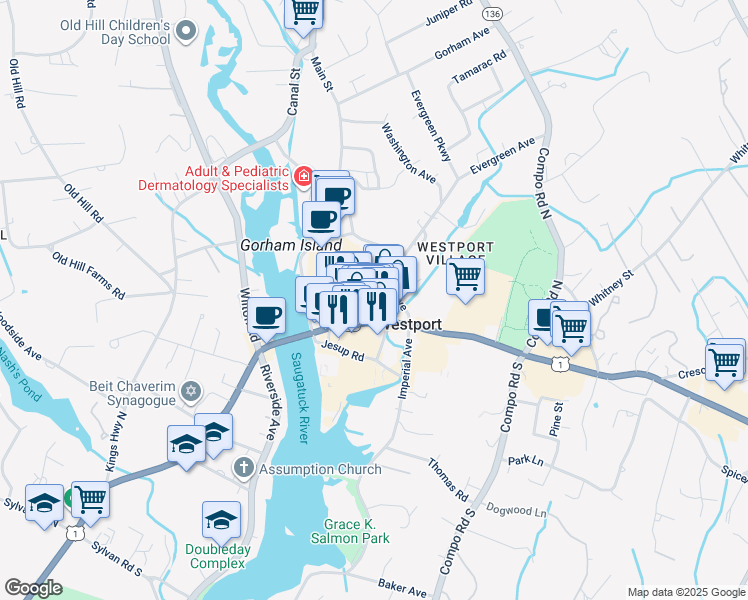 map of restaurants, bars, coffee shops, grocery stores, and more near 7 Sconset Square in Westport