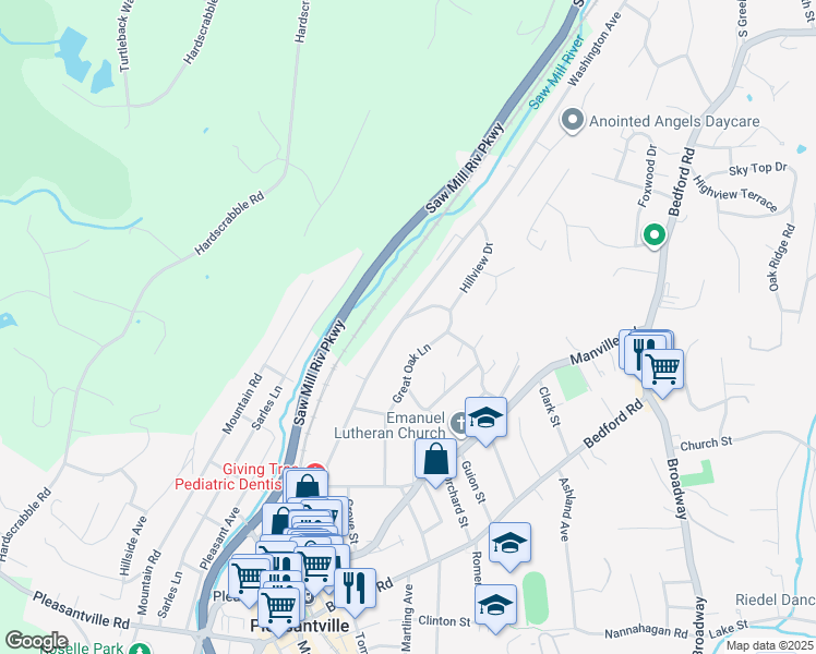 map of restaurants, bars, coffee shops, grocery stores, and more near 277 Washington Avenue in Pleasantville