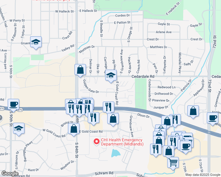 map of restaurants, bars, coffee shops, grocery stores, and more near 1234 East Gold Coast Road in Papillion