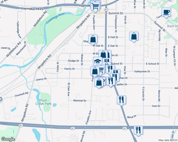 map of restaurants, bars, coffee shops, grocery stores, and more near 216 Harris Street in Kent