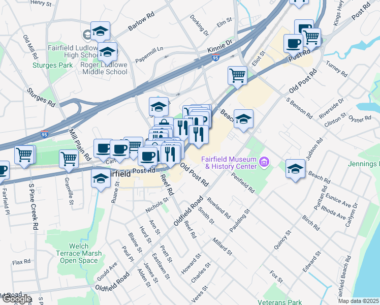 map of restaurants, bars, coffee shops, grocery stores, and more near 1401 Post Road in Fairfield