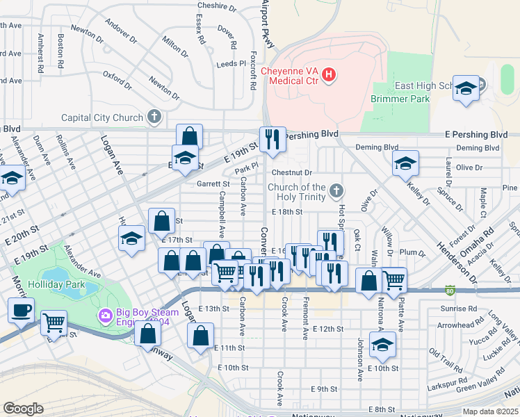 map of restaurants, bars, coffee shops, grocery stores, and more near 1629 Converse Avenue in Cheyenne