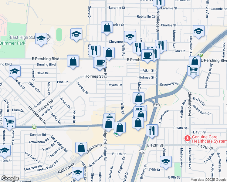 map of restaurants, bars, coffee shops, grocery stores, and more near 3424 Frontier Street in Cheyenne