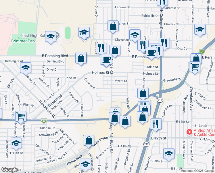 map of restaurants, bars, coffee shops, grocery stores, and more near 3312 Frontier Street in Cheyenne
