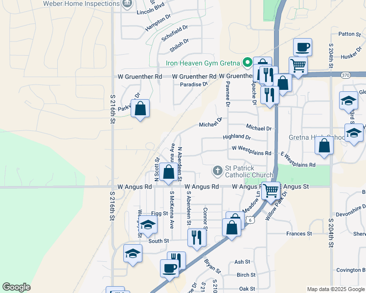 map of restaurants, bars, coffee shops, grocery stores, and more near 602 West Westplains Road in Gretna