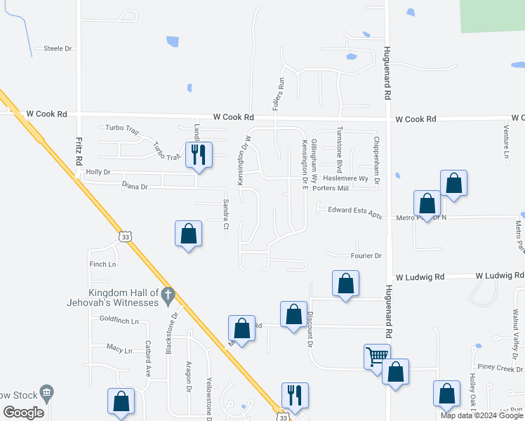 map of restaurants, bars, coffee shops, grocery stores, and more near 6920 Autumn Chase in Fort Wayne