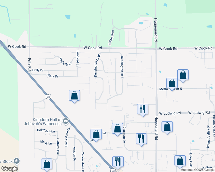 map of restaurants, bars, coffee shops, grocery stores, and more near 6927 Winford Shoals in Fort Wayne