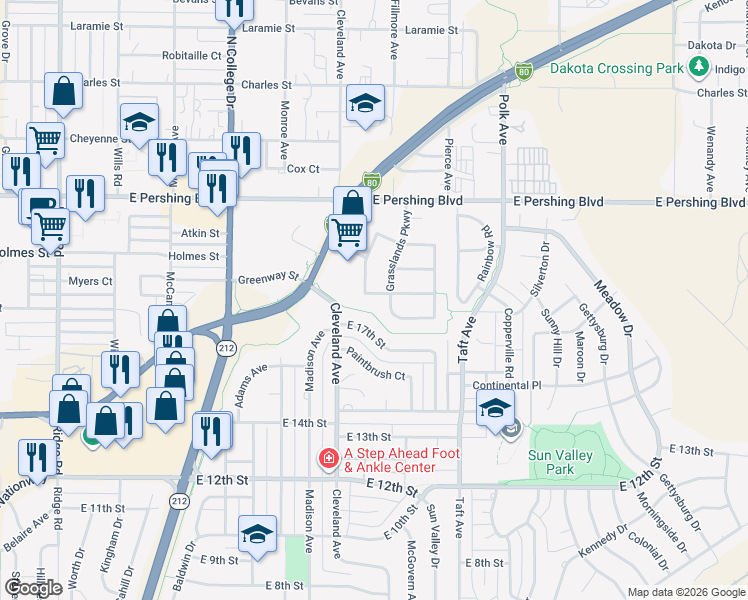 map of restaurants, bars, coffee shops, grocery stores, and more near 4521 Ranch House Way in Cheyenne