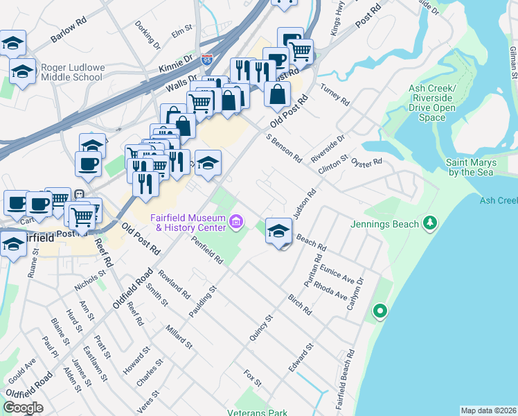 map of restaurants, bars, coffee shops, grocery stores, and more near 340 Beach Road in Fairfield