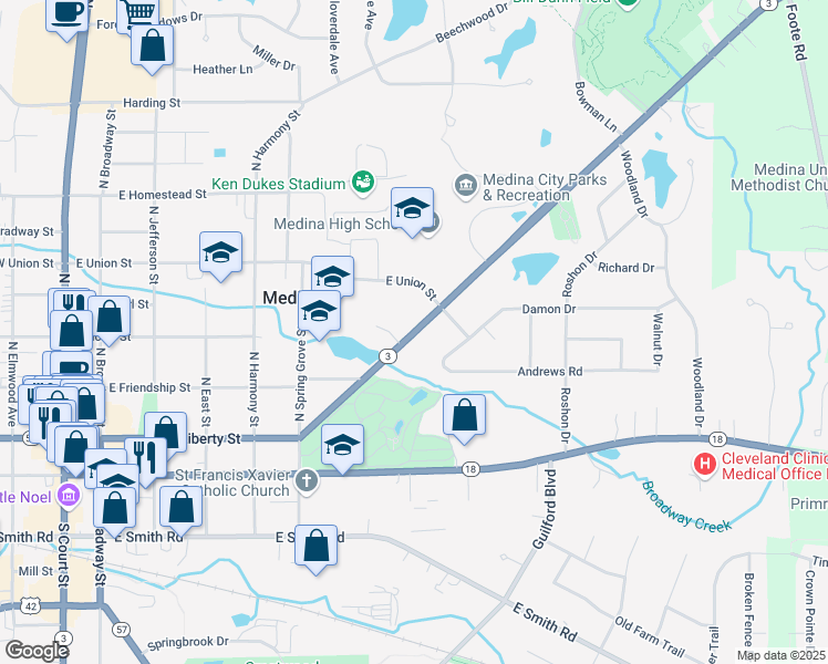 map of restaurants, bars, coffee shops, grocery stores, and more near 739 Weymouth Road in Medina