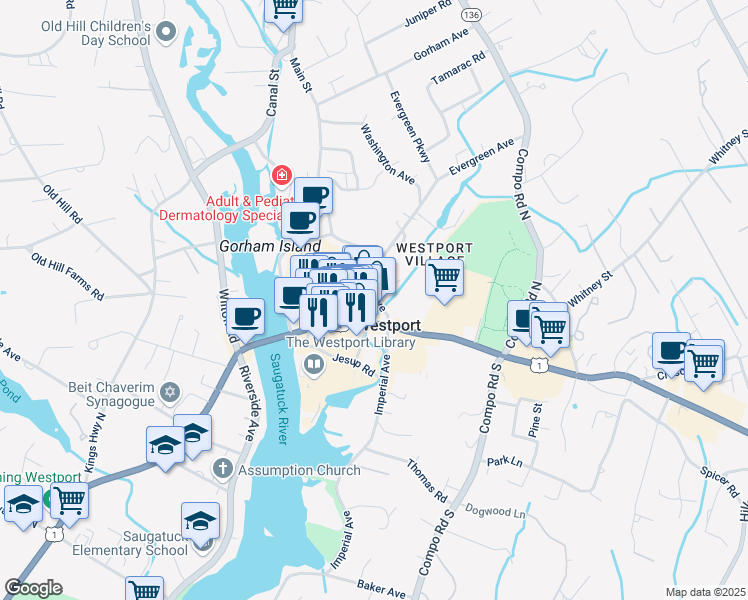 map of restaurants, bars, coffee shops, grocery stores, and more near 7 Sconset Square in Westport