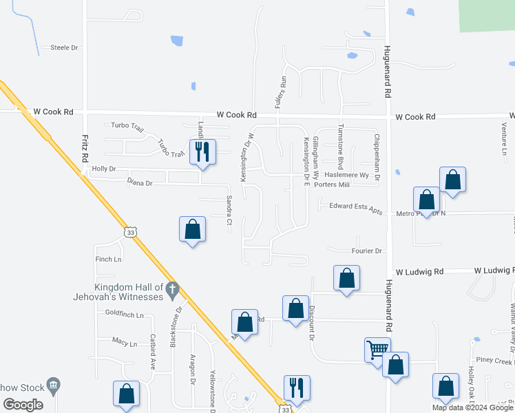 map of restaurants, bars, coffee shops, grocery stores, and more near 6907 Autumn Chase in Fort Wayne