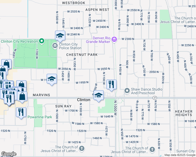 map of restaurants, bars, coffee shops, grocery stores, and more near 1978 North 1200 West in Clinton