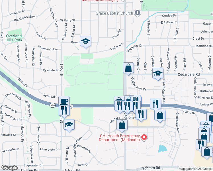 map of restaurants, bars, coffee shops, grocery stores, and more near 1204 South Washington Street in Papillion