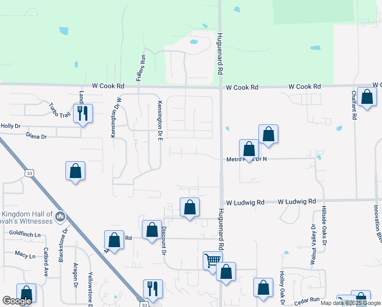 map of restaurants, bars, coffee shops, grocery stores, and more near 6901 Huguenard Road in Fort Wayne