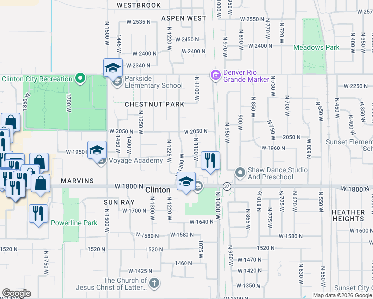 map of restaurants, bars, coffee shops, grocery stores, and more near 1978 North 1200 West in Clinton
