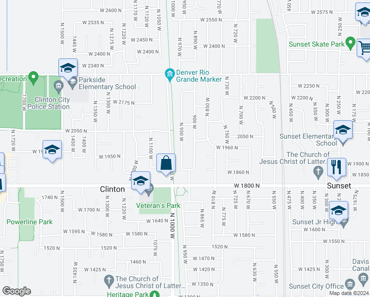 map of restaurants, bars, coffee shops, grocery stores, and more near 1964 North 950 West in Clinton