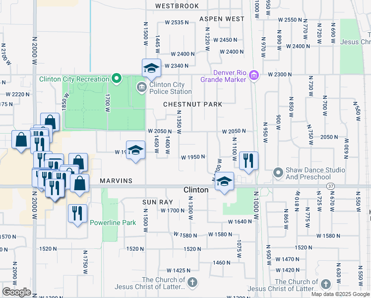 map of restaurants, bars, coffee shops, grocery stores, and more near 1322 West 1950 North in Clinton