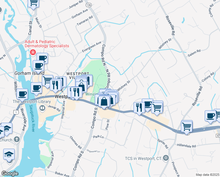 map of restaurants, bars, coffee shops, grocery stores, and more near 22 Compo Road North in Westport