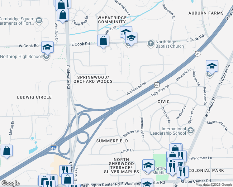 map of restaurants, bars, coffee shops, grocery stores, and more near 835 Applewood Road in Fort Wayne
