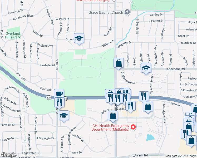 map of restaurants, bars, coffee shops, grocery stores, and more near 1204 South Washington Street in Papillion