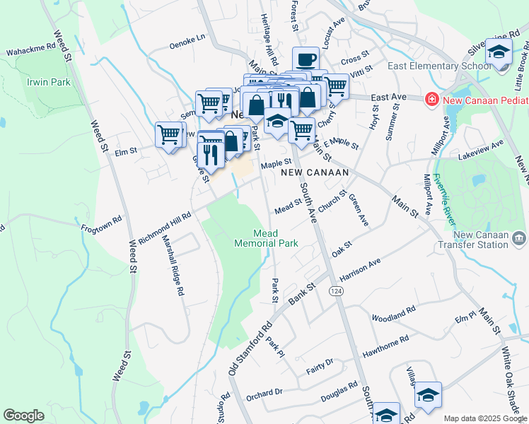 map of restaurants, bars, coffee shops, grocery stores, and more near 201 Park Street in New Canaan