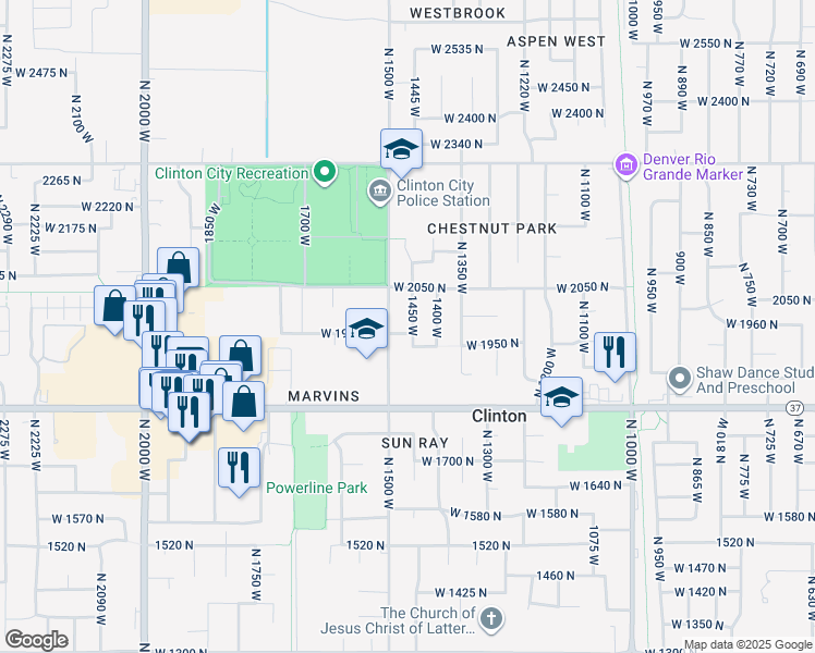 map of restaurants, bars, coffee shops, grocery stores, and more near 1969 North 1450 West in Clinton