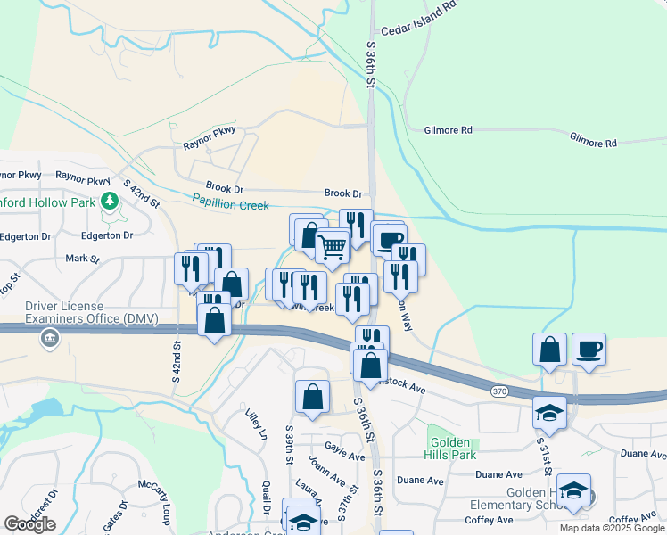 map of restaurants, bars, coffee shops, grocery stores, and more near 3614 Twin Creek Drive in Bellevue