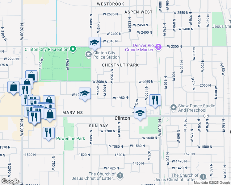 map of restaurants, bars, coffee shops, grocery stores, and more near 1322 West 1950 North in Clinton