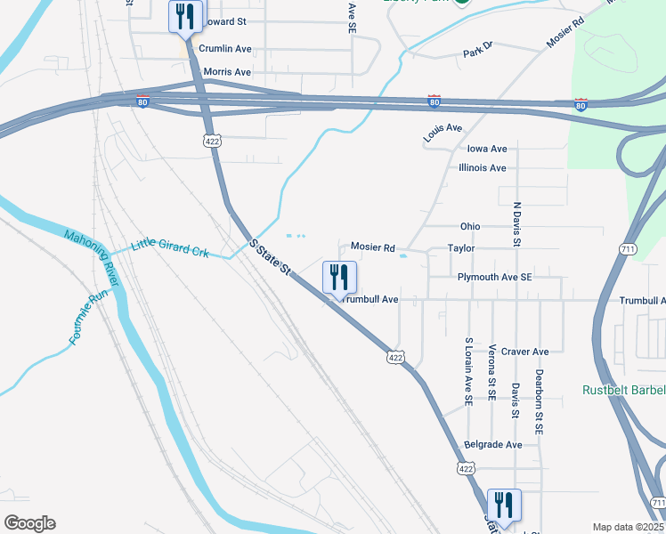 map of restaurants, bars, coffee shops, grocery stores, and more near 33 Earl Street Southeast in Girard