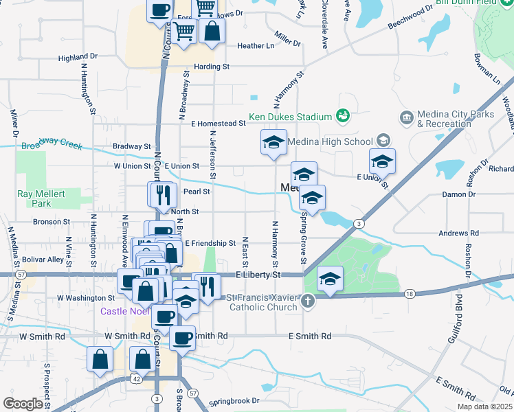 map of restaurants, bars, coffee shops, grocery stores, and more near 250 North East Street in Medina