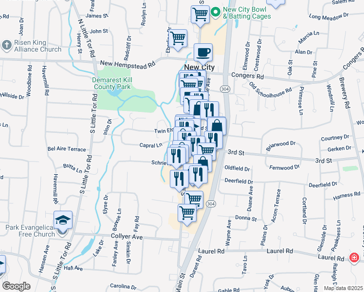 map of restaurants, bars, coffee shops, grocery stores, and more near 159 South Main Street in New City