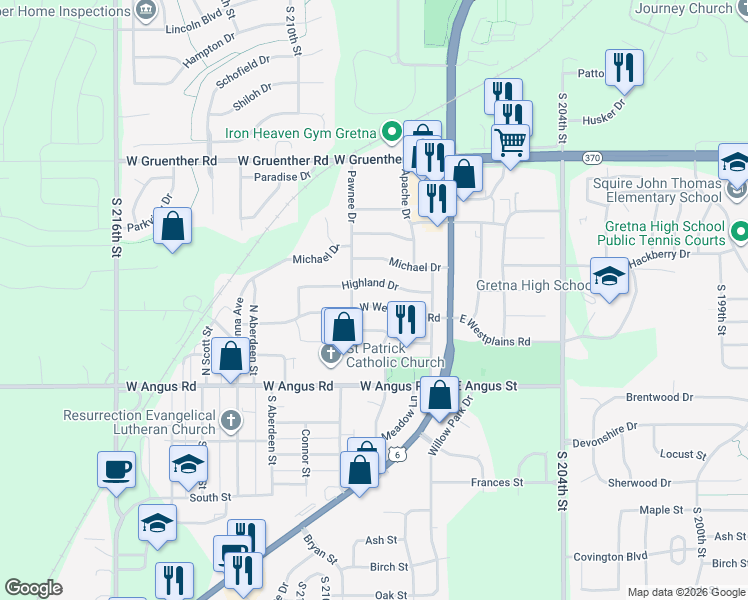 map of restaurants, bars, coffee shops, grocery stores, and more near 347 West Westplains Road in Gretna