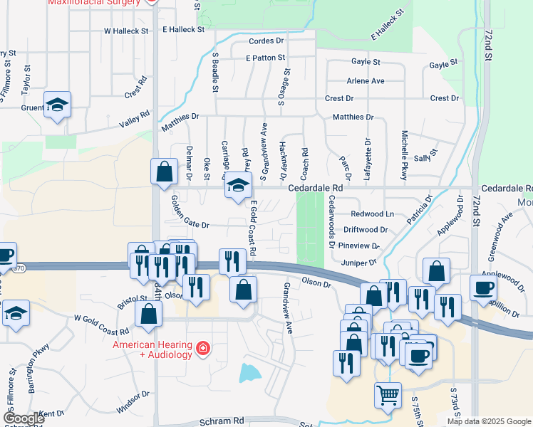 map of restaurants, bars, coffee shops, grocery stores, and more near 1221 East Gold Coast Road in Papillion