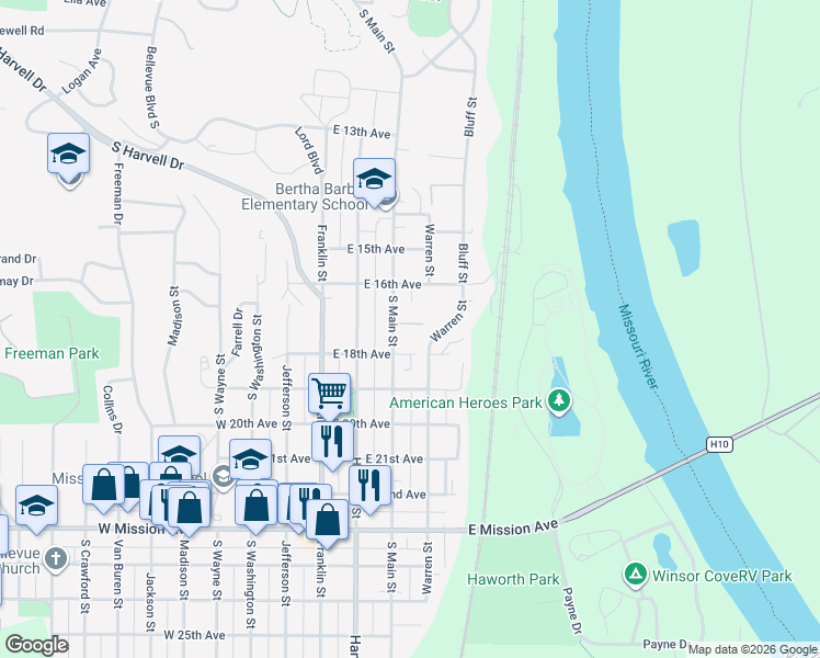map of restaurants, bars, coffee shops, grocery stores, and more near 1709 Main Street in Bellevue