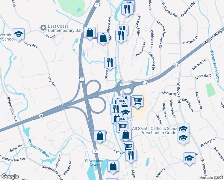 map of restaurants, bars, coffee shops, grocery stores, and more near 201 Merritt Parkway in Norwalk
