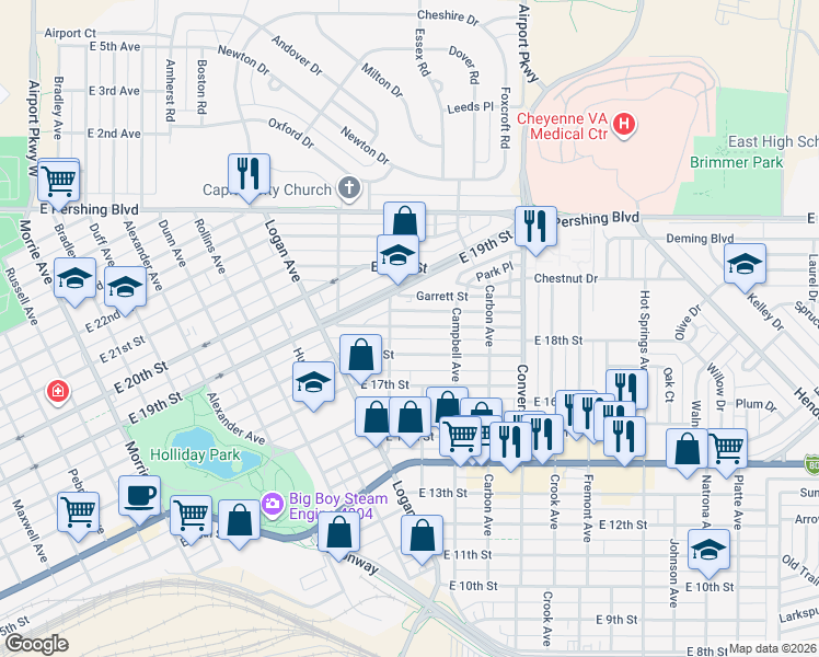 map of restaurants, bars, coffee shops, grocery stores, and more near 1914 East 18th Street in Cheyenne