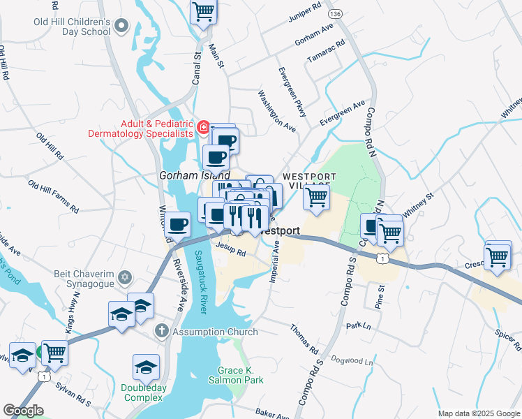 map of restaurants, bars, coffee shops, grocery stores, and more near 7 Sconset Square in Westport