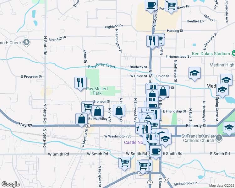 map of restaurants, bars, coffee shops, grocery stores, and more near 309 North Huntington Street in Medina
