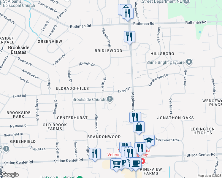 map of restaurants, bars, coffee shops, grocery stores, and more near 6704 Del Rio Drive in Fort Wayne