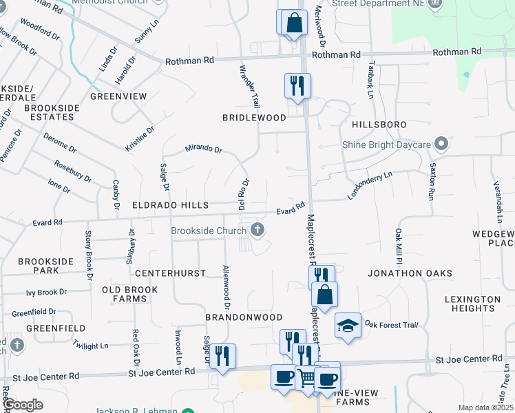 map of restaurants, bars, coffee shops, grocery stores, and more near 6704 Del Rio Drive in Fort Wayne