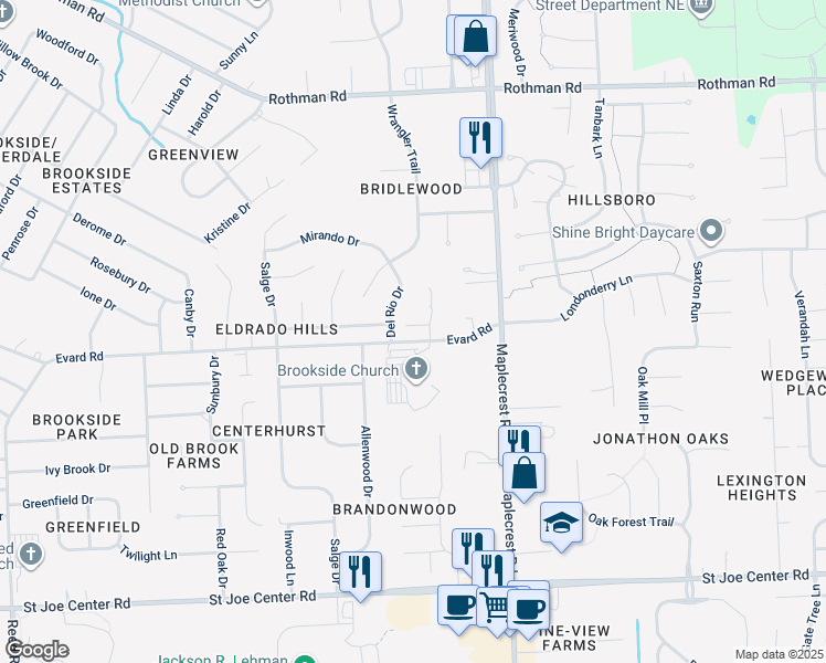 map of restaurants, bars, coffee shops, grocery stores, and more near 6704 Del Rio Drive in Fort Wayne