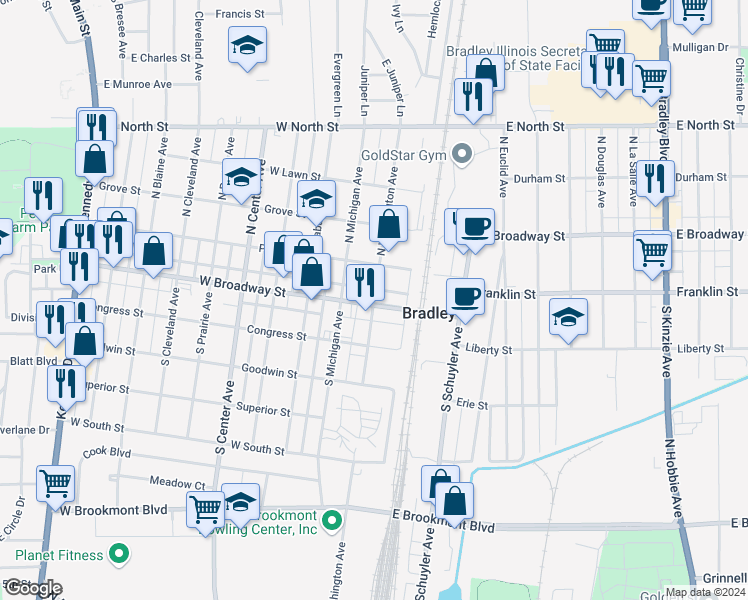 map of restaurants, bars, coffee shops, grocery stores, and more near 114 North Washington Avenue in Bradley