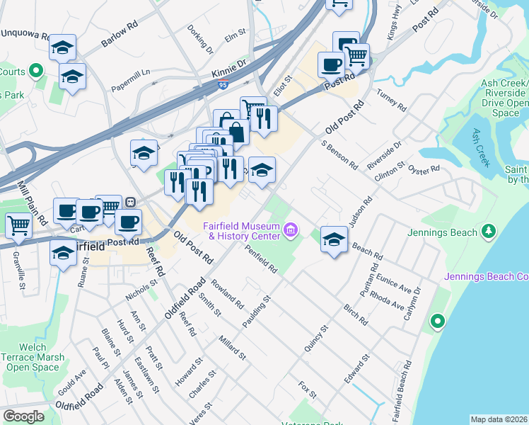 map of restaurants, bars, coffee shops, grocery stores, and more near 611 Old Post Road in Fairfield