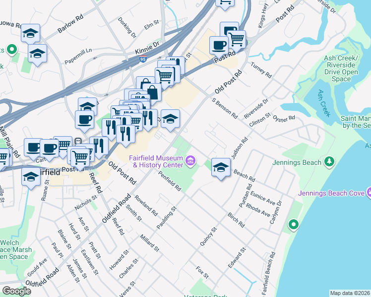 map of restaurants, bars, coffee shops, grocery stores, and more near 611 Old Post Road in Fairfield