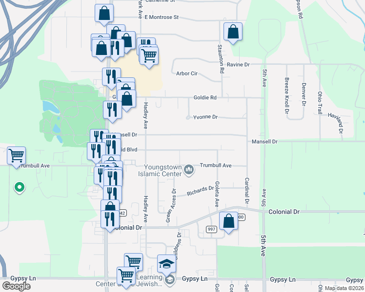 map of restaurants, bars, coffee shops, grocery stores, and more near 168 Euclid Boulevard in Youngstown