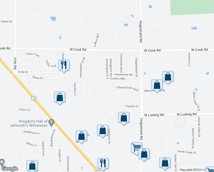 map of restaurants, bars, coffee shops, grocery stores, and more near 6921 Kensington Drive East in Fort Wayne