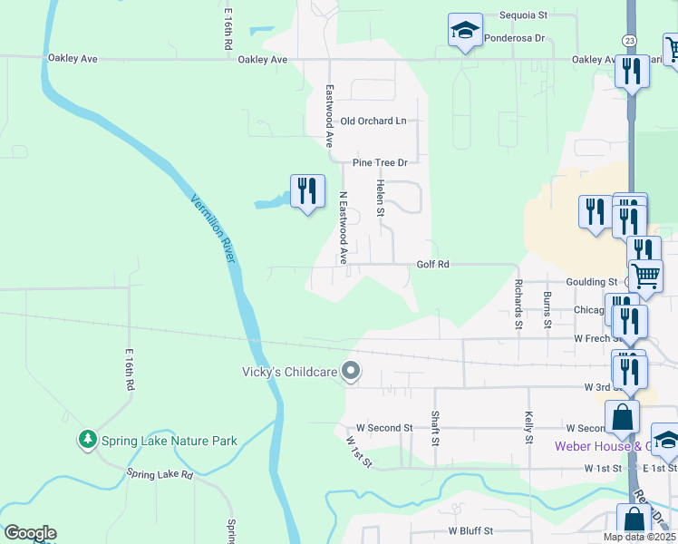 map of restaurants, bars, coffee shops, grocery stores, and more near 1 Hilltop Drive in Streator