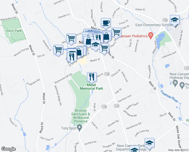 map of restaurants, bars, coffee shops, grocery stores, and more near 208 Park Street in New Canaan