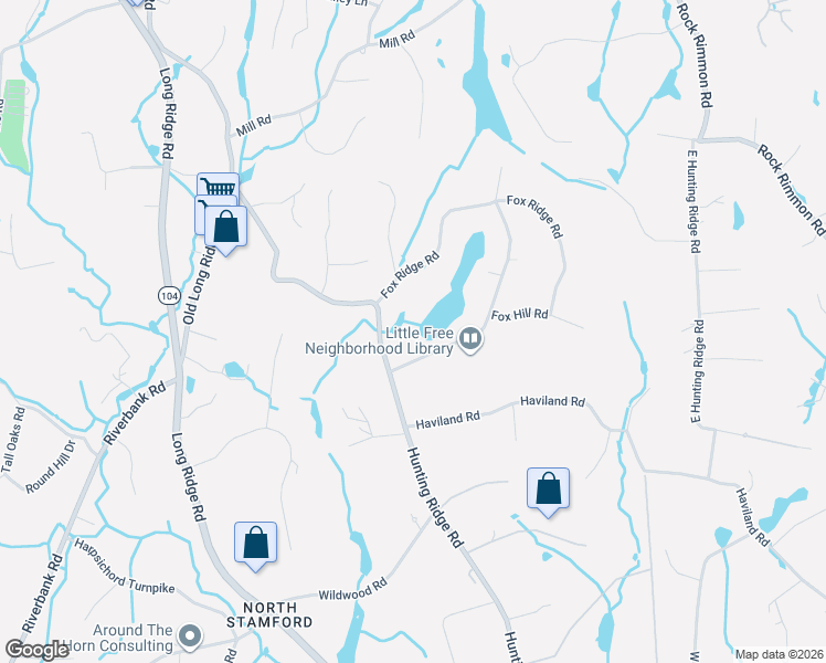 map of restaurants, bars, coffee shops, grocery stores, and more near 491 Hunting Ridge Road in Stamford
